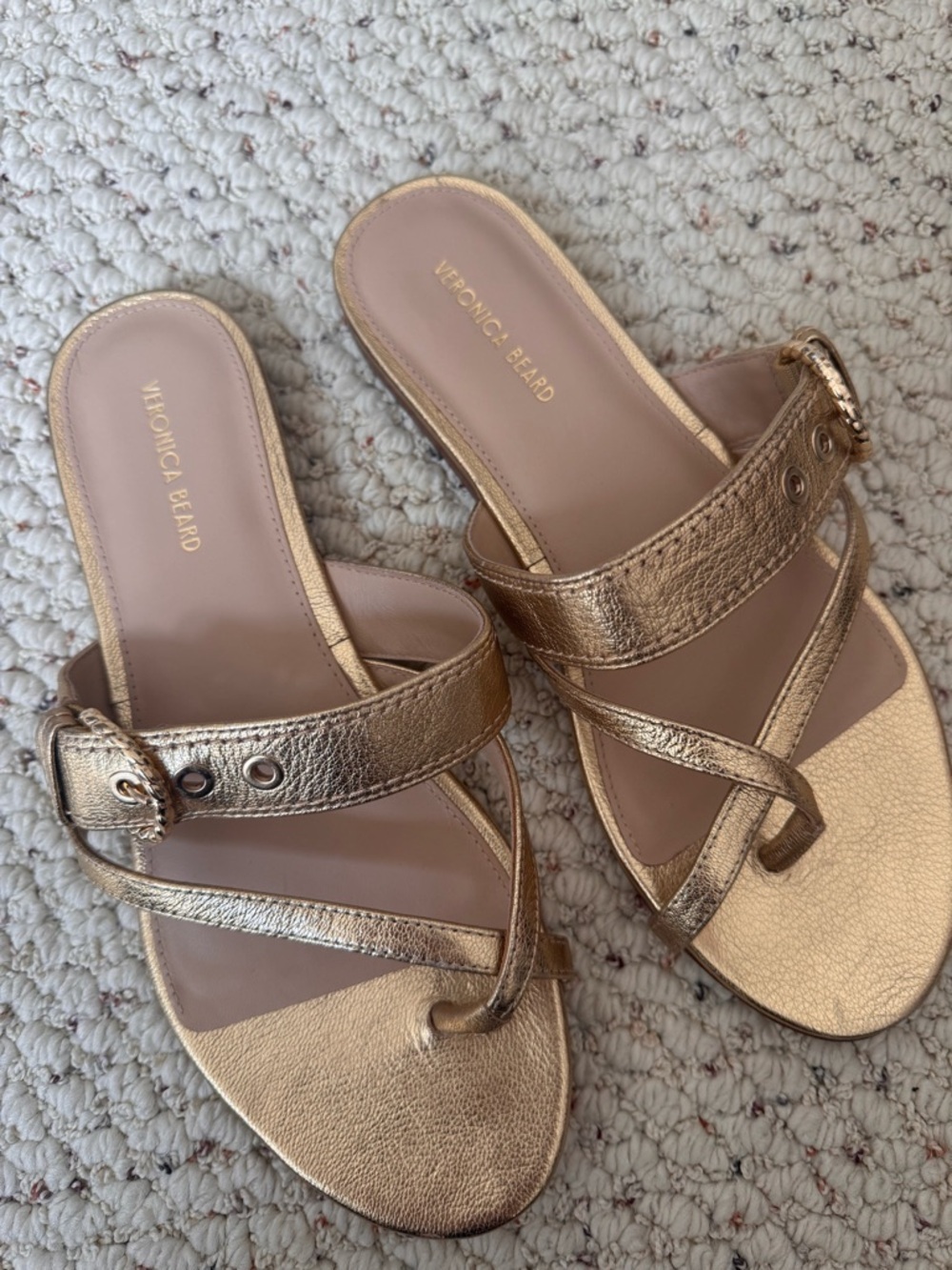 Veronica Beard Metallic Gold Strappy Toe-Loop Sandals